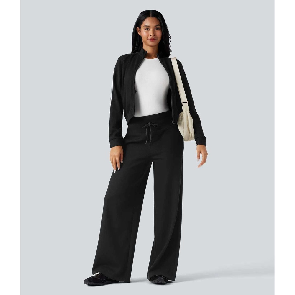 Halara Ribbed Knit Tummy Control Wide Leg Pants Pockets Black NWT XL Petite